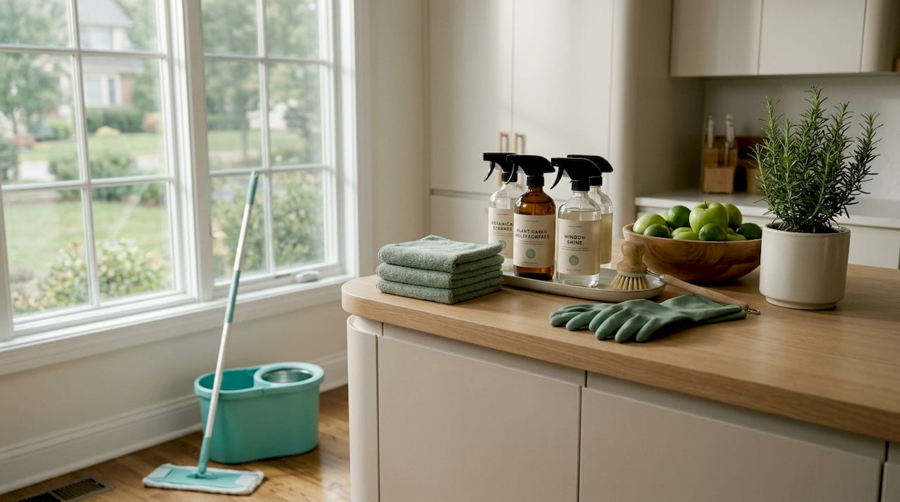 Organized cleaning supplies on kitchen counter