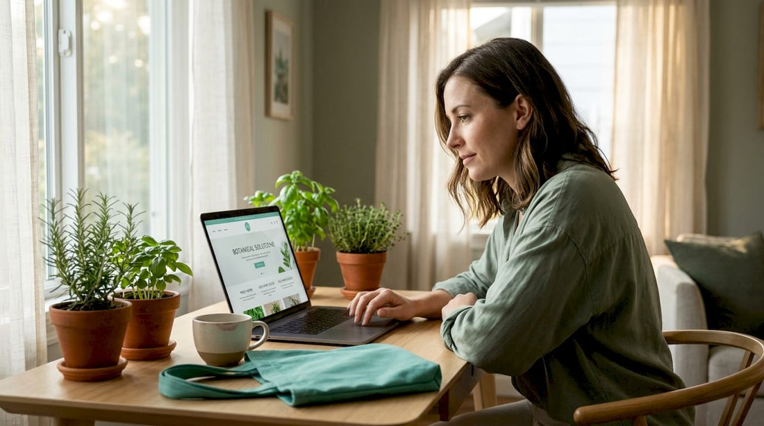 Woman browsing organic marketplace on laptop in kitchen