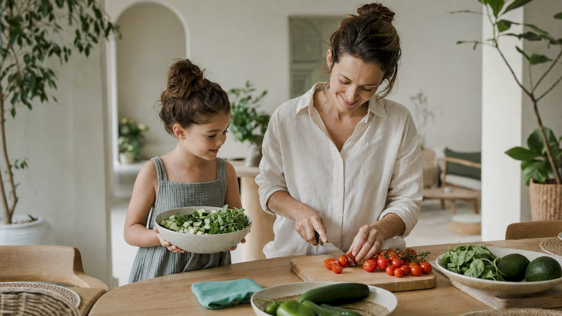 Mother and child preparing healthy meal in kitchen