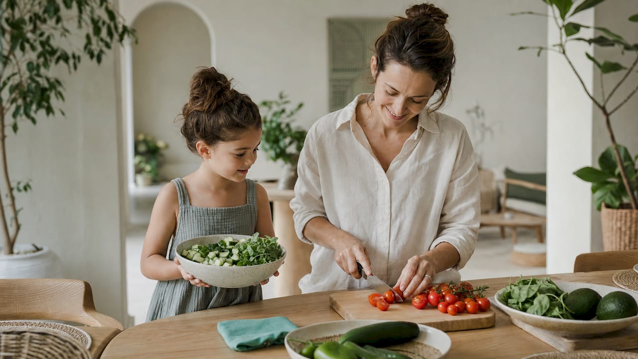 Mother and child preparing healthy meal in kitchen
