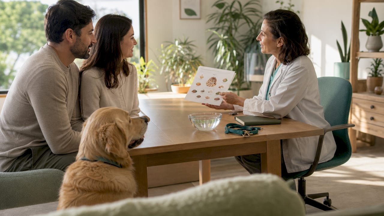 Veterinarian consulting couple about pet diet