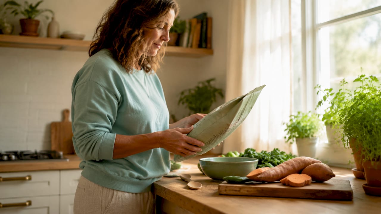 Woman reading synthetic-free dog food label at kitchen table