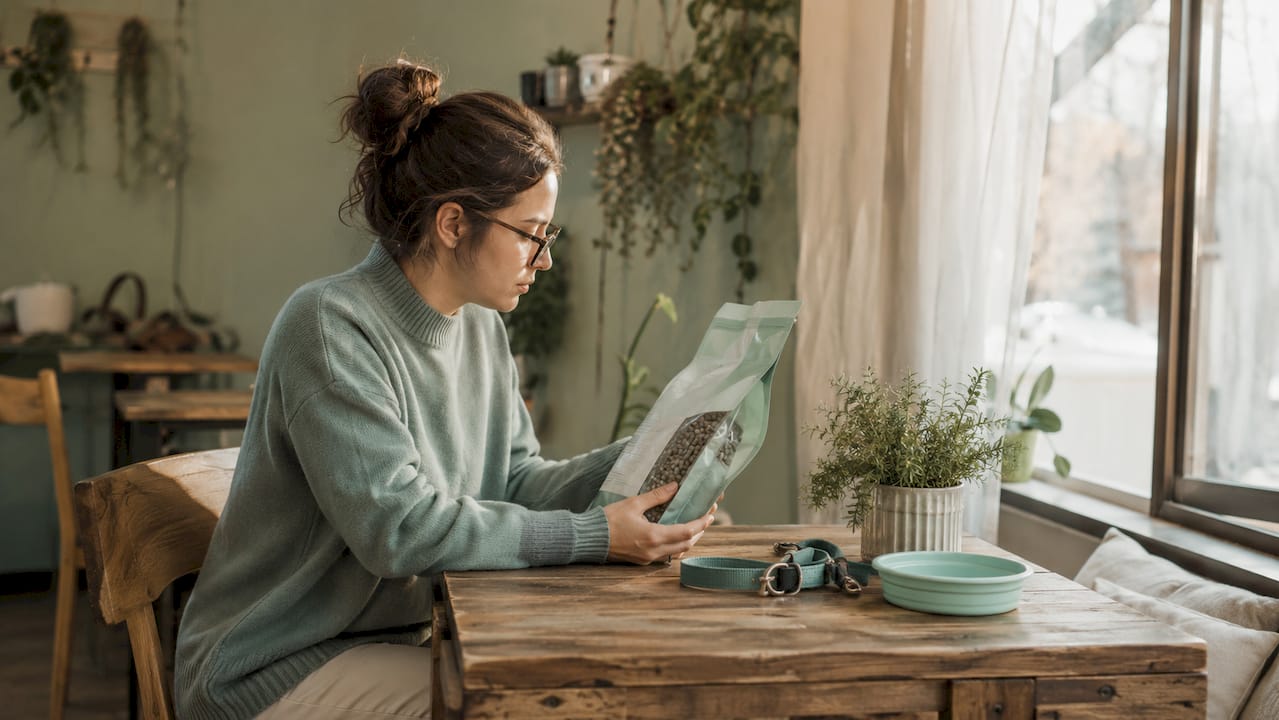 Woman reading dog food bag label carefully