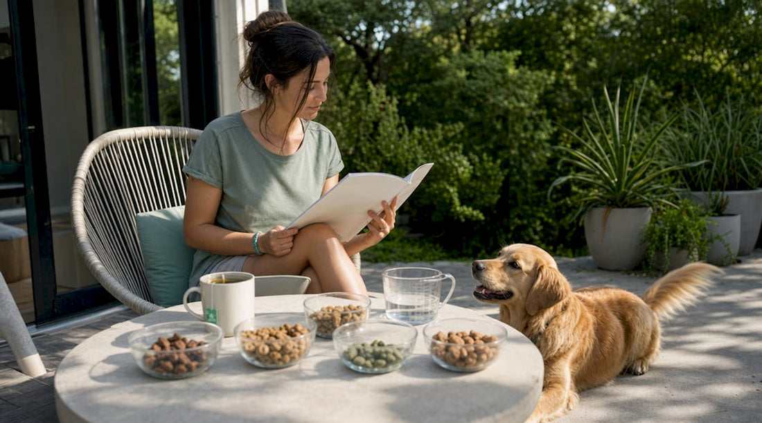 Woman reading hypoallergenic pet food guide with dog