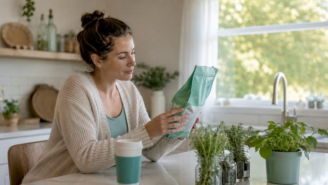 Woman reading pet food ingredients in kitchen