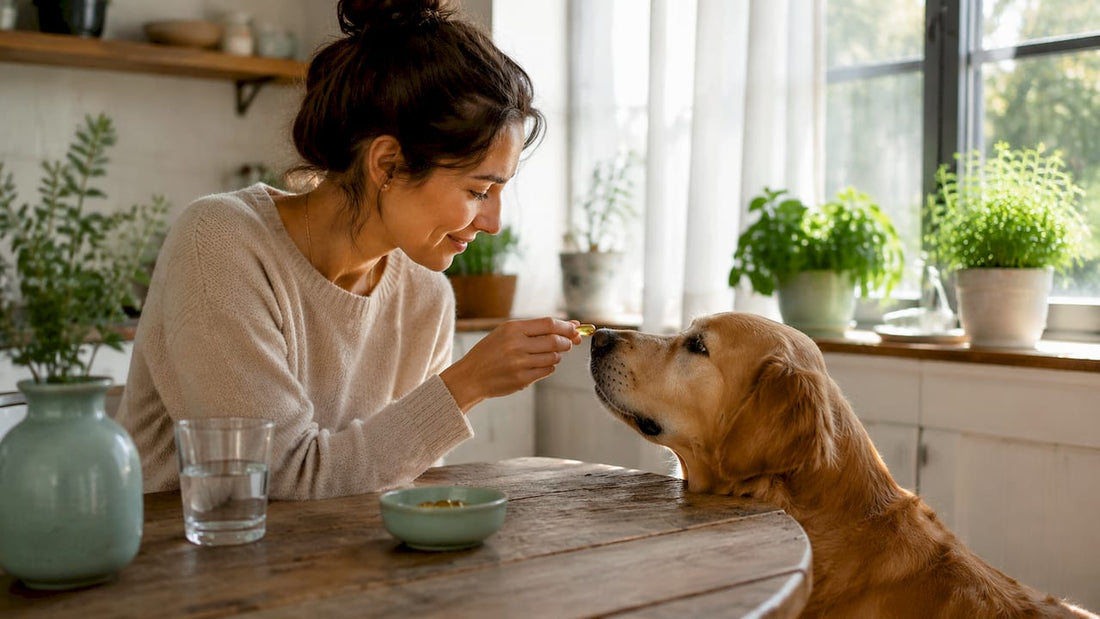 Pet owner giving omega-3 supplement to dog