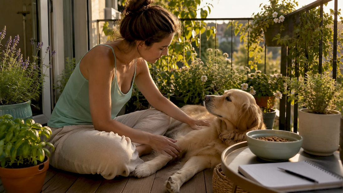 Person palpating golden retriever for body condition check
