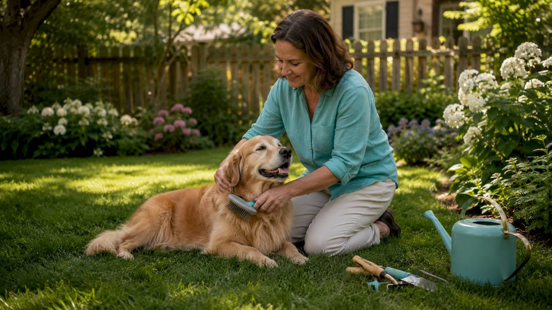 Pet owner brushing golden retriever indoors