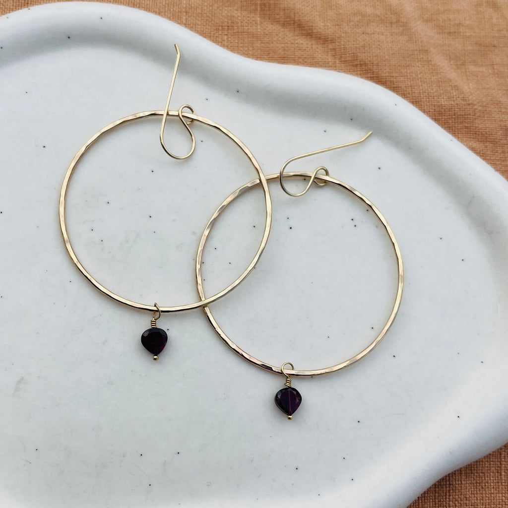 GARNET HEART HOOP EARRINGS