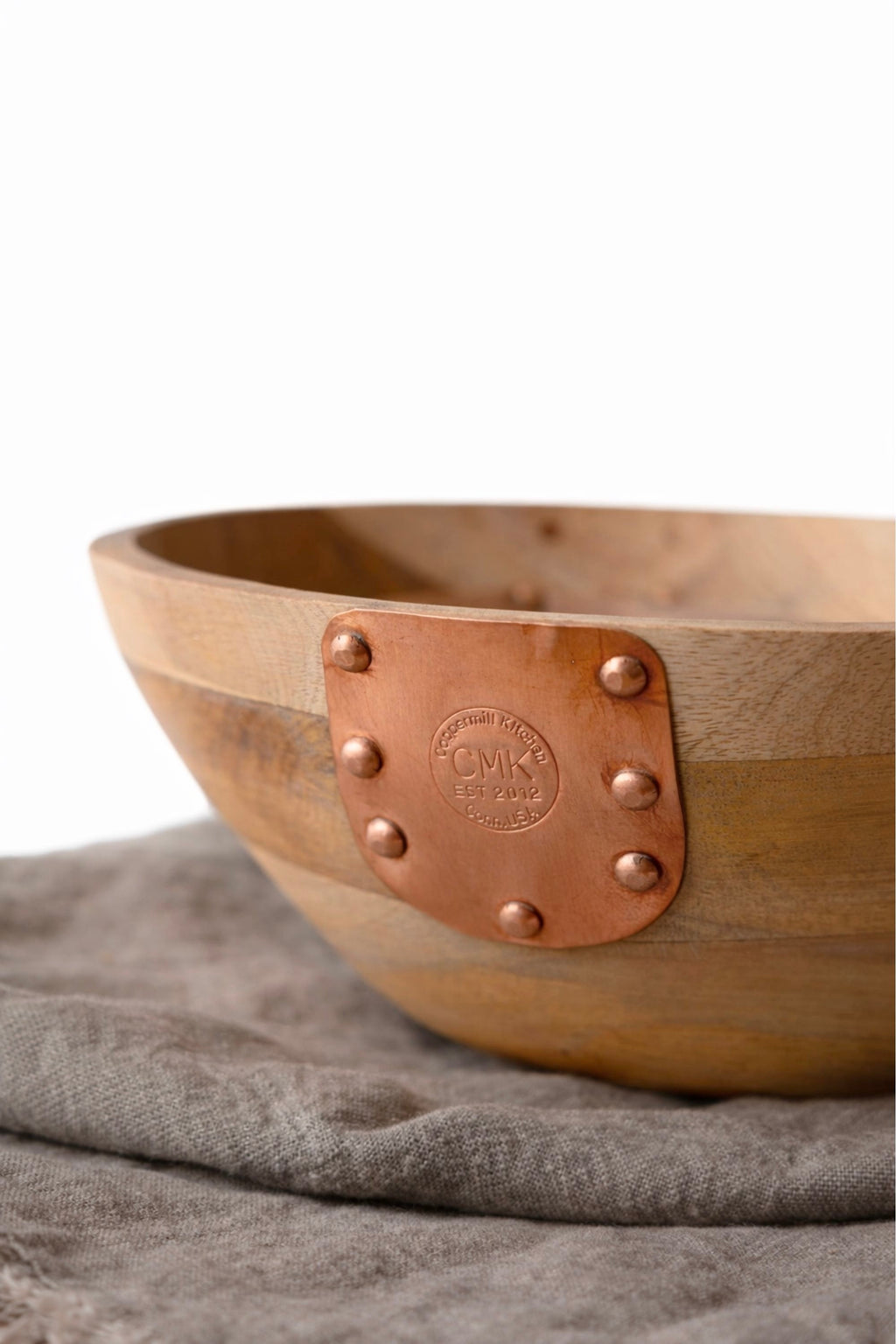 Vintage Inspired Wooden Serving Bowl with Handmade Copper Details