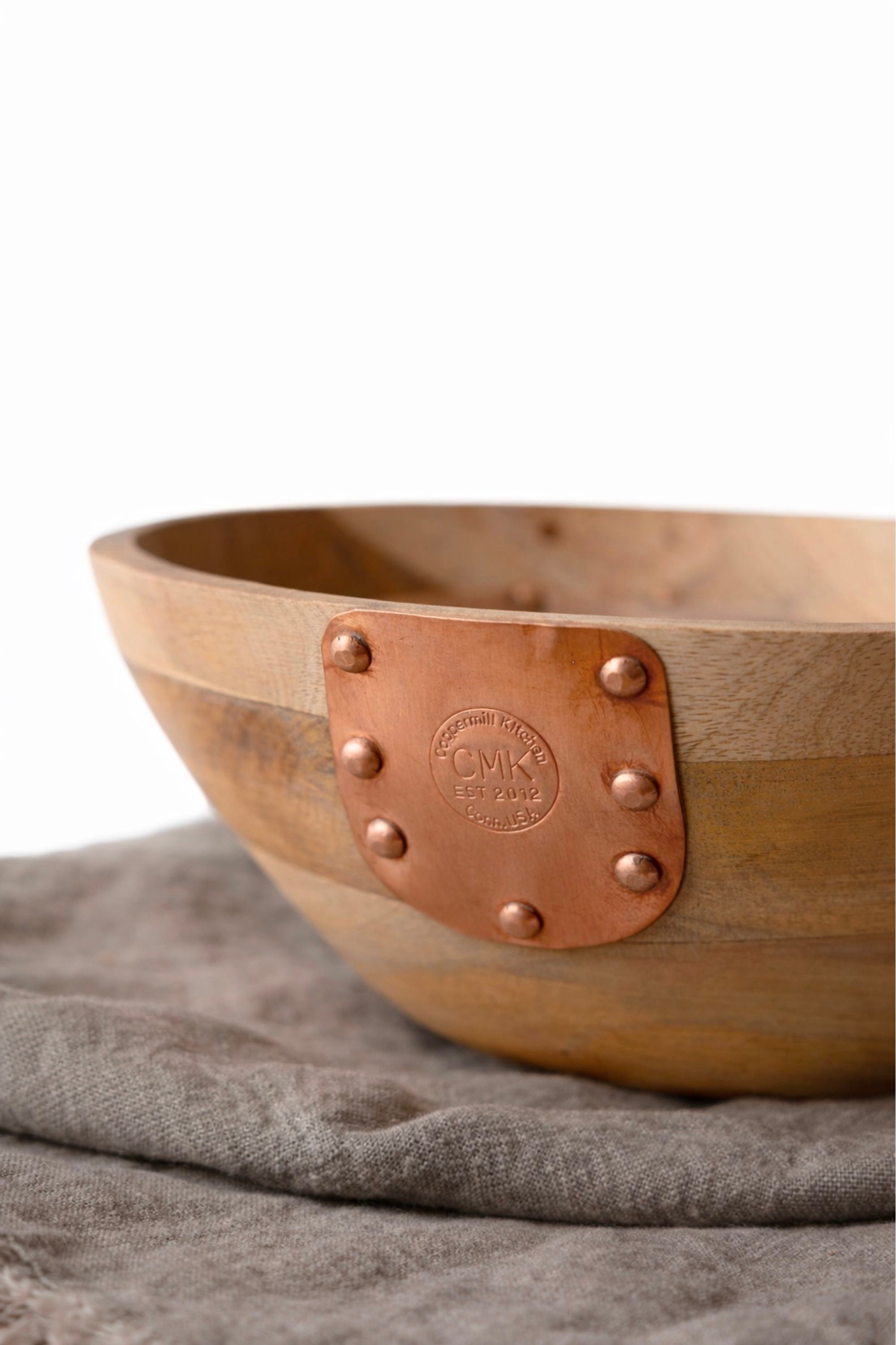 Vintage Inspired Wooden Serving Bowl with Handmade Copper Details