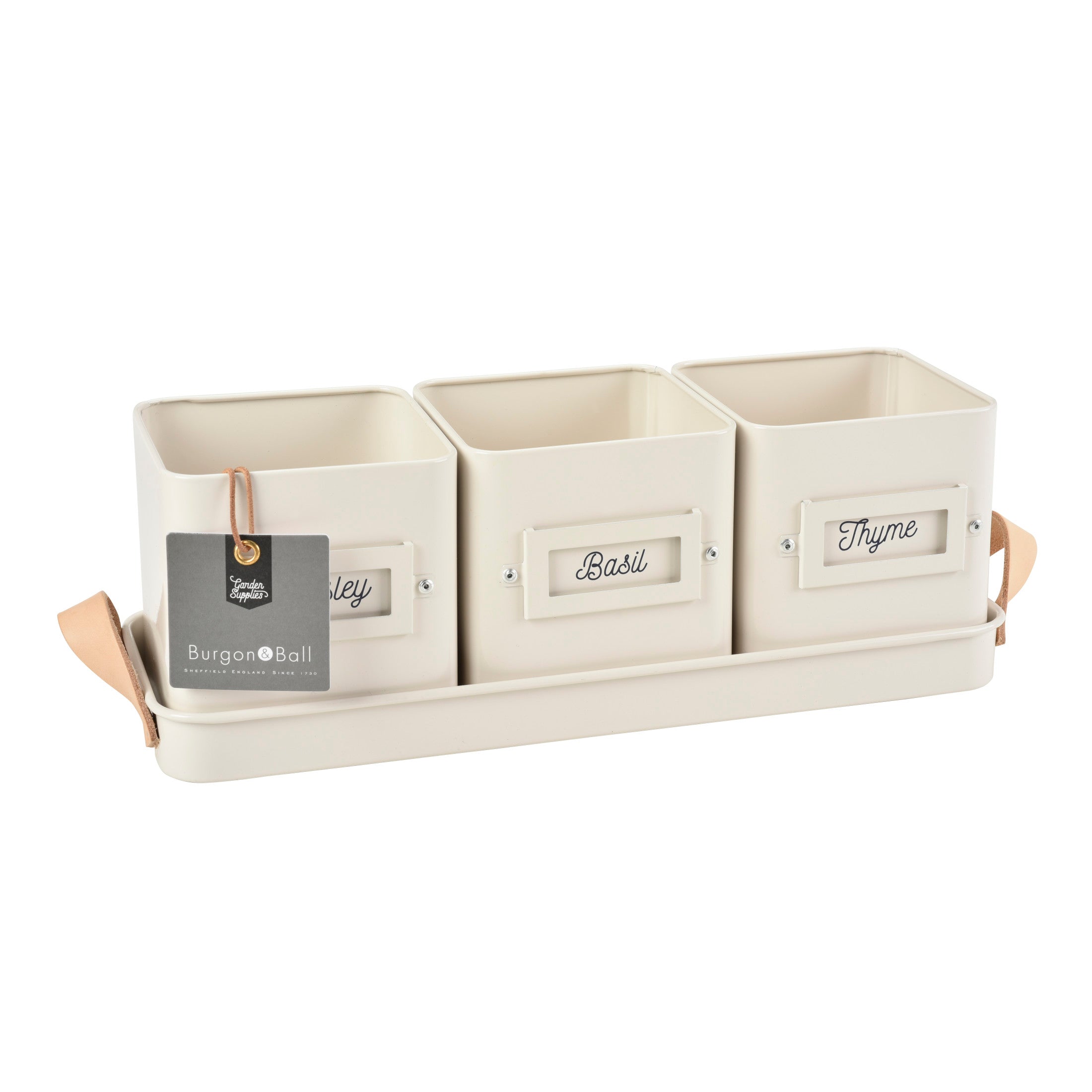 Burgon & Ball® 3 Herb Pots with Leather Handled Tray, Stone