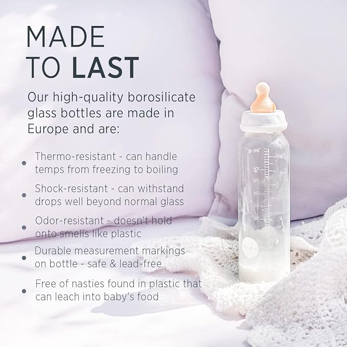 HEVEA Standard Neck Glass Baby Bottles - Medium Flow Anti Colic Baby Bottles (8 Ounce (Pack of 2))