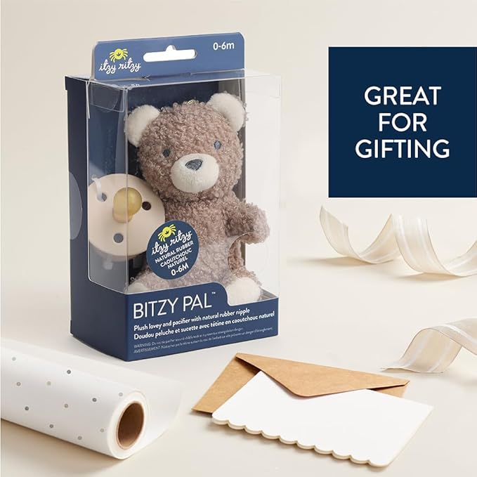 Itzy Ritzy Pacifier & Lovey Set - Natural Rubber Paci with Stuffed Animal Lovey - Detachable Plush Bear Pacifier Holder & Coordinating Natural Rubber Soother, Ideal for Ages 0-6 Months (Bear)