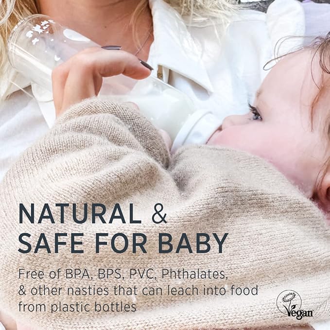 HEVEA Standard Neck Glass Baby Bottles - Natural Rubber Slow Flow Nipples - Anti Colic Baby Bottles for Breastfeeding Babies - Newborn 0+ Months - BPA-Free, Two-Pack (4 Oz)