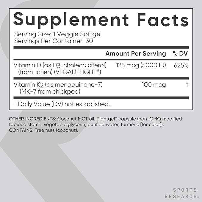 Sports Research Vitamin D3 K2 with Coconut Oil | Plant Based Vitamin K2 MK7 + Vegan D3 5000iu for Bone & Immune Health | Vegan Certified, Soy & Gluten Free - 30 Count Softgels