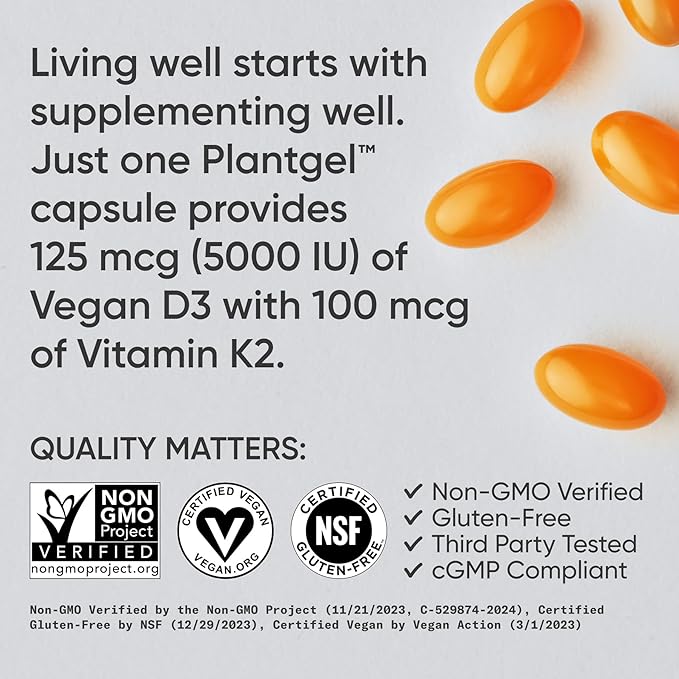Sports Research Vitamin D3 K2 with Coconut Oil | Plant Based Vitamin K2 MK7 + Vegan D3 5000iu for Bone & Immune Health | Vegan Certified, Soy & Gluten Free - 30 Count Softgels