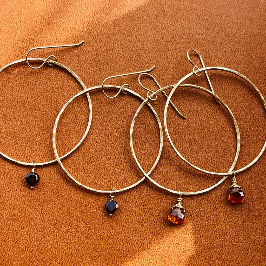 GARNET HEART HOOP EARRINGS