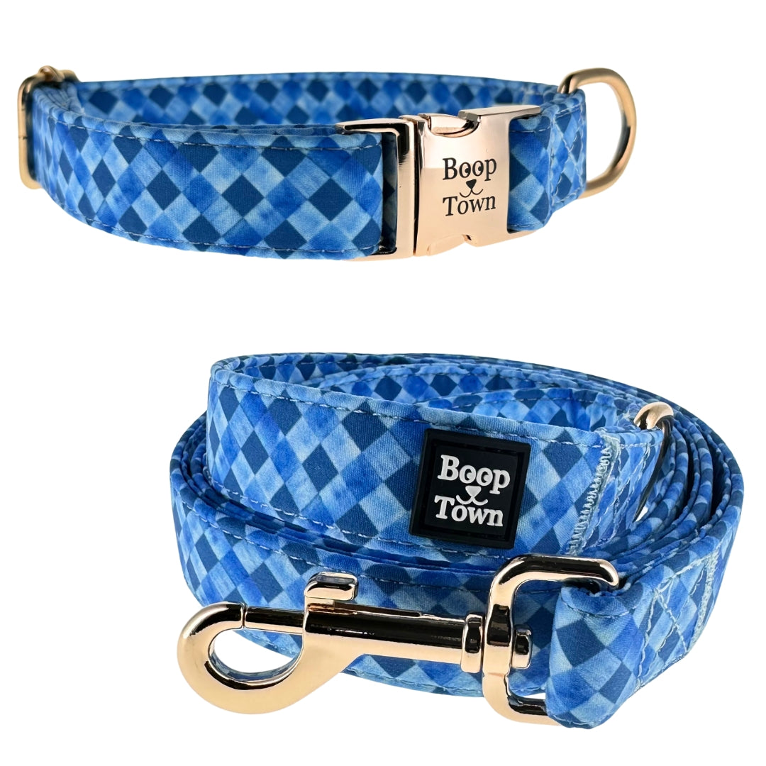 Blue Checker Collar + Leash Set