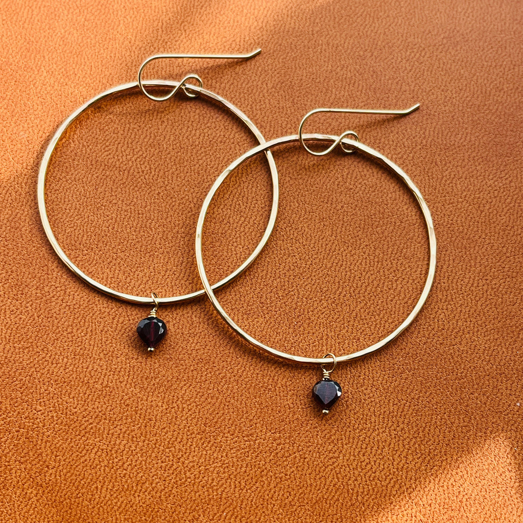 GARNET HEART HOOP EARRINGS
