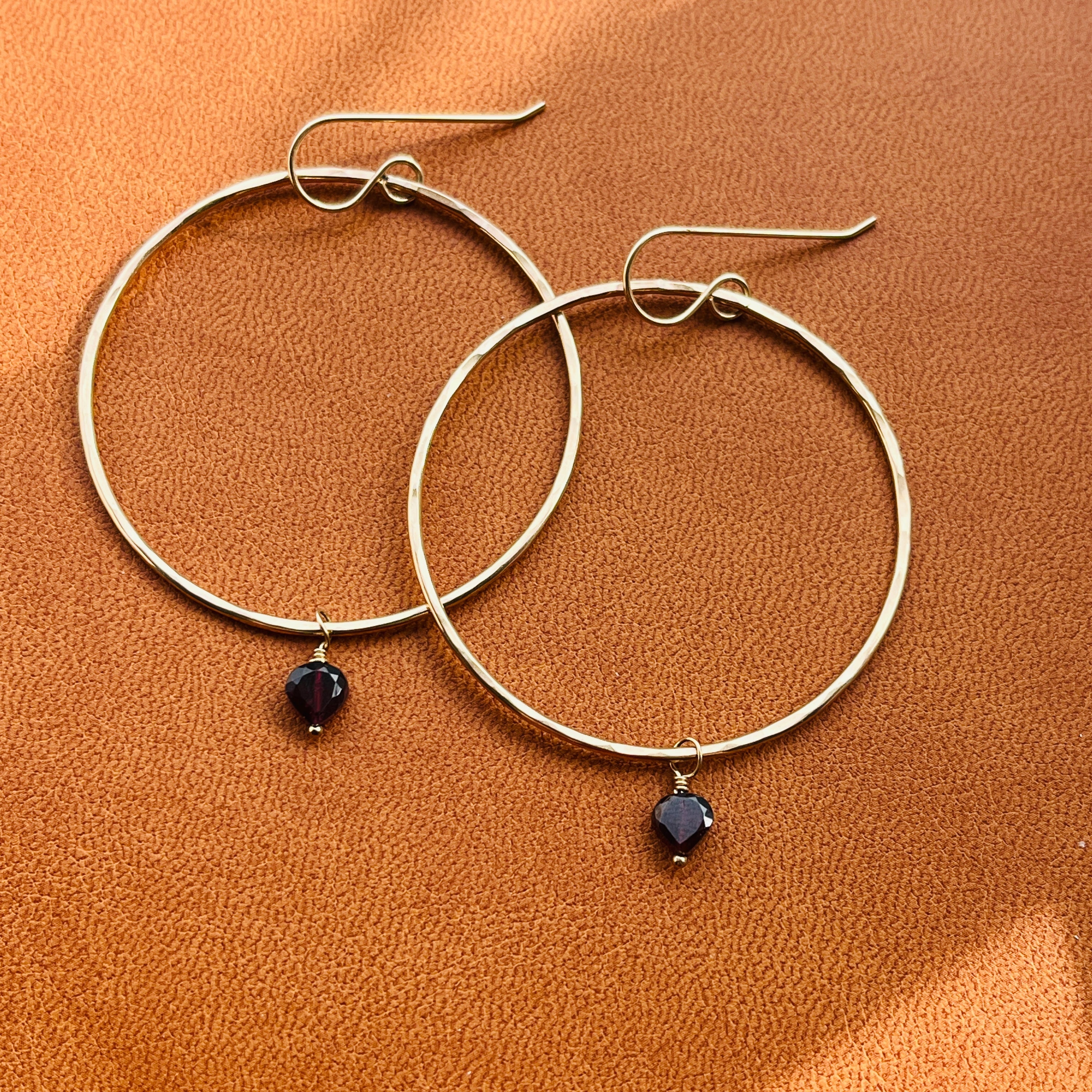 GARNET HEART HOOP EARRINGS