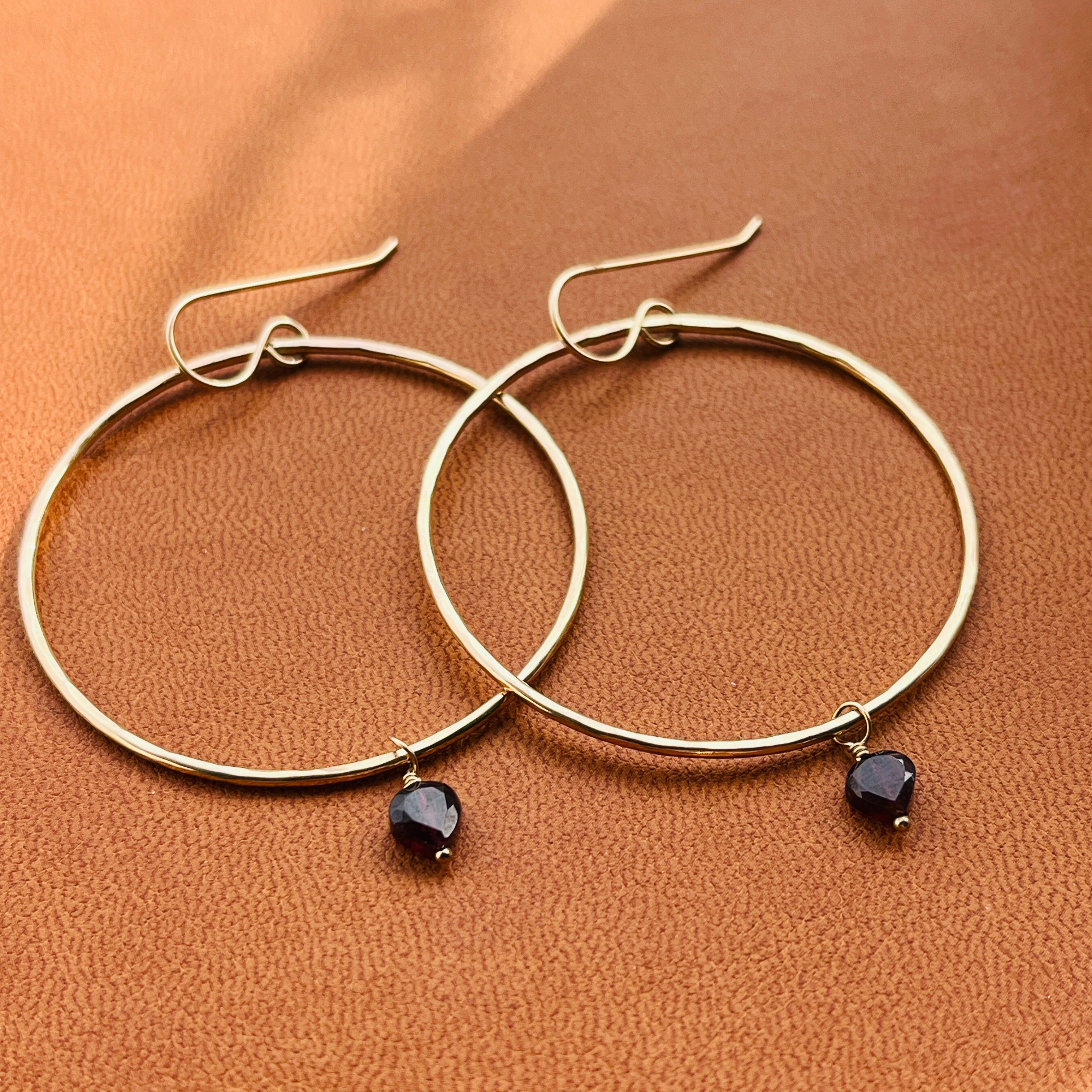 GARNET HEART HOOP EARRINGS