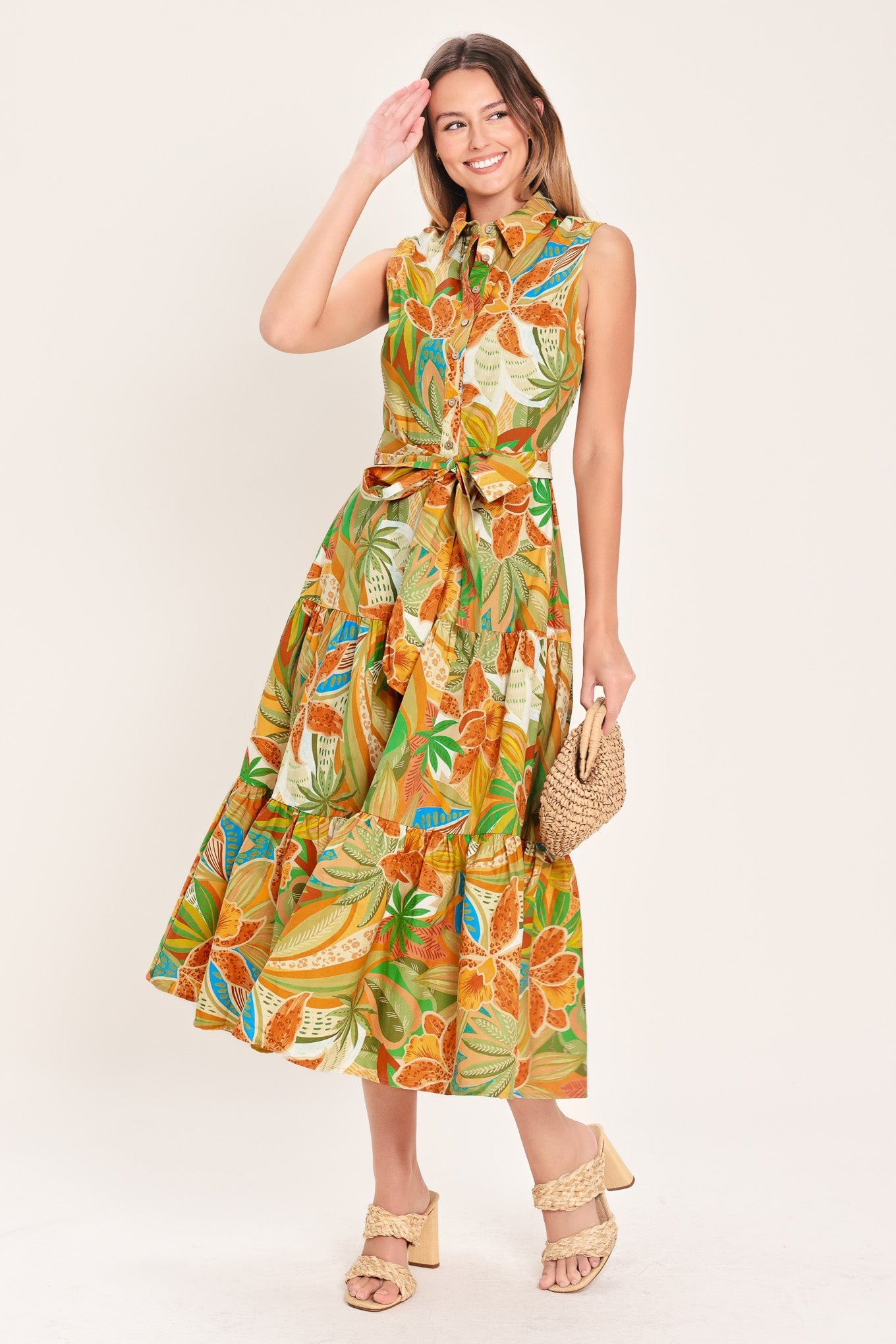 TROPICAL BLOOM TIERED WOVEN MINI SHIRT DRESS