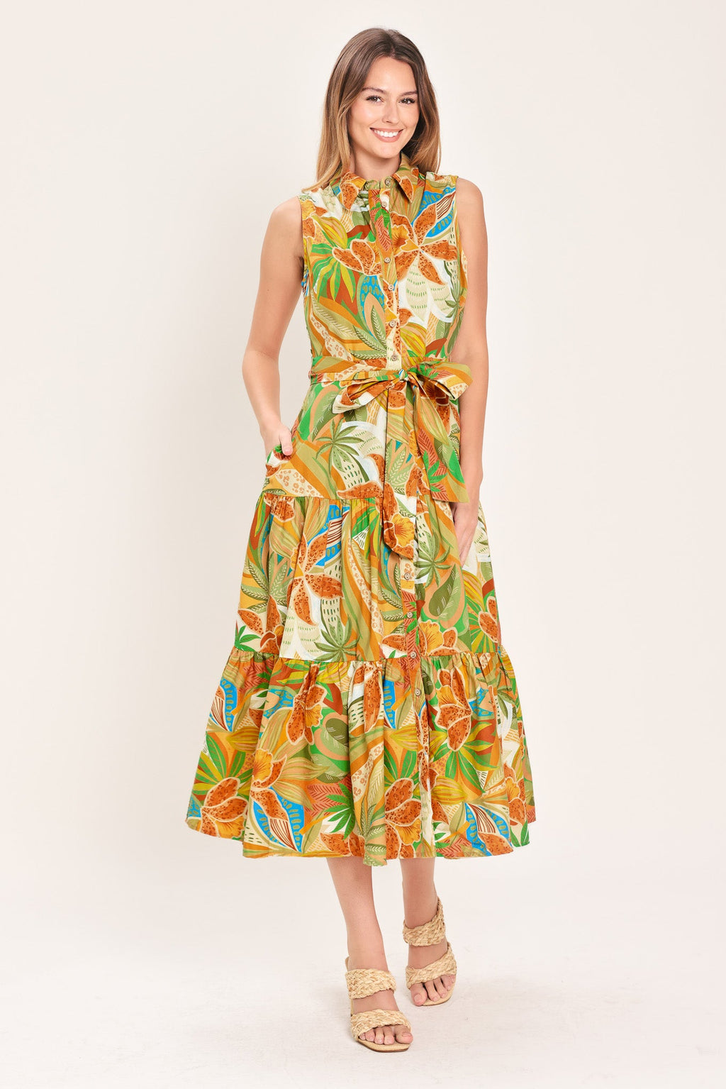 TROPICAL BLOOM TIERED WOVEN MINI SHIRT DRESS