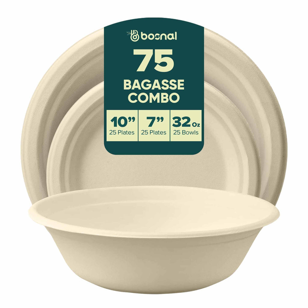 Bosnal – Sugarcane Bagasse Compostable 10 inch & 7 inch Round Plates with 32 Oz Bowls