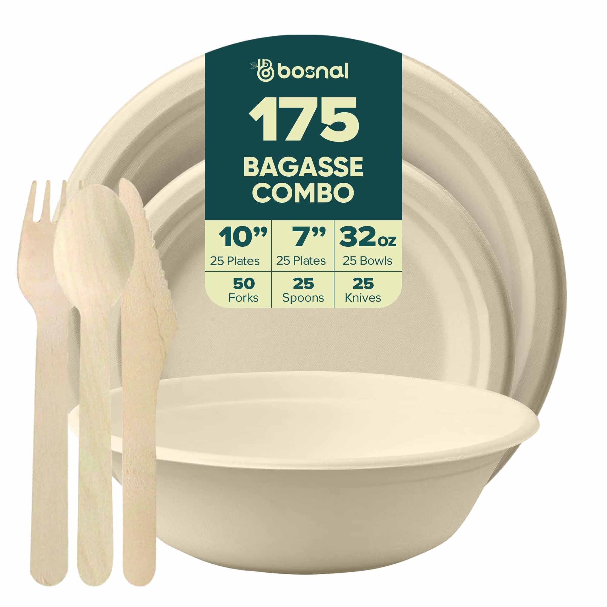 Bosnal – Sugarcane Bagasse Compostable 10 inch & 7 inch Round Plates, 32 Oz Bowls with Cutlery