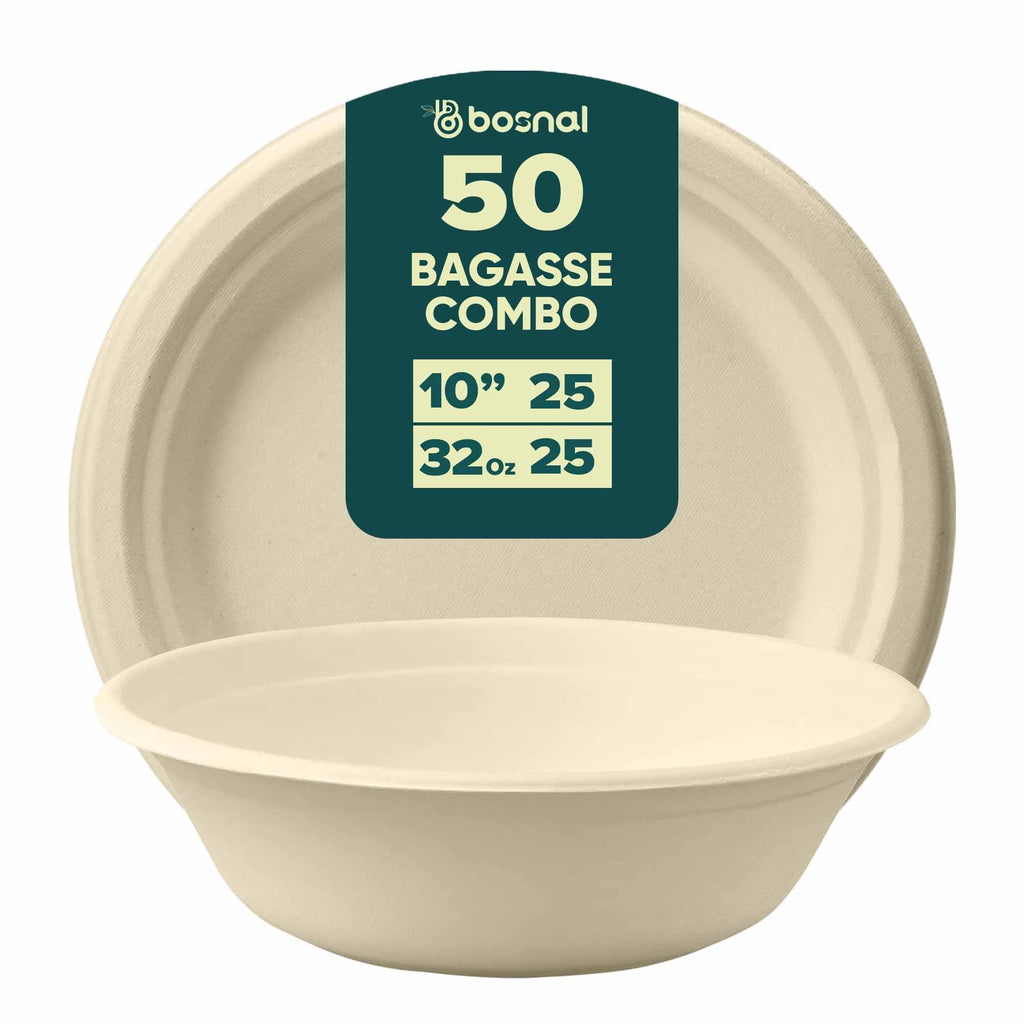 Bosnal - Sugarcane Bagasse Compostable 10 inch Round Plates with 32 oz Bowls