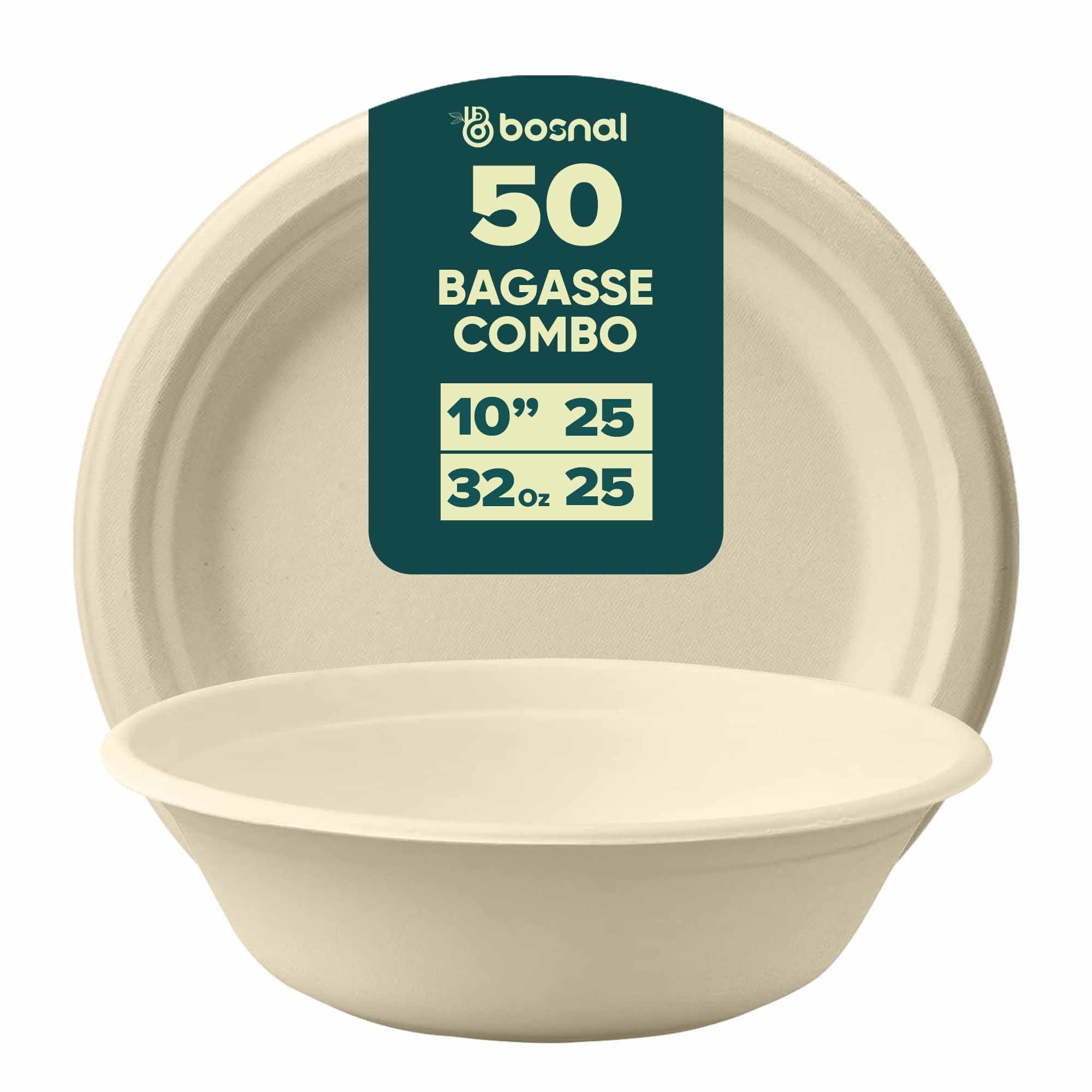 Bosnal - Sugarcane Bagasse Compostable 10 inch Round Plates with 32 oz Bowls