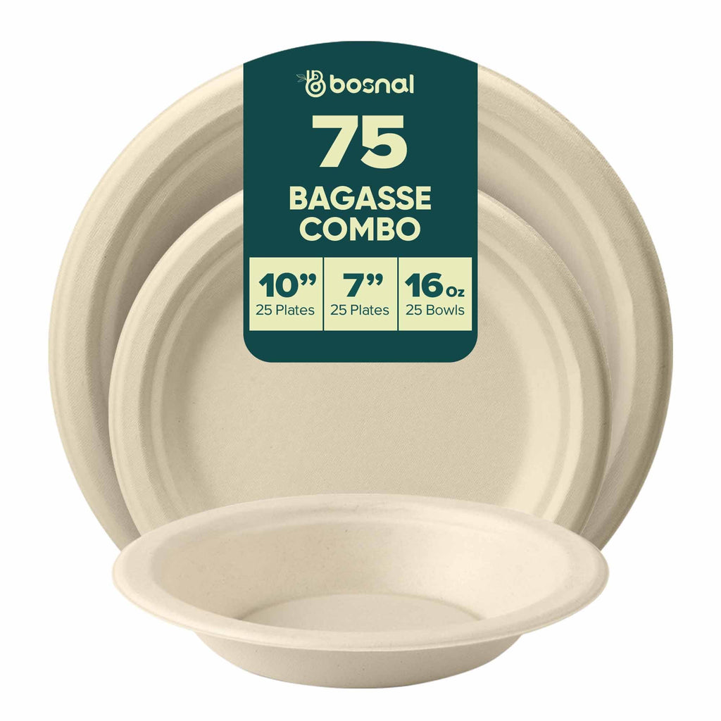 Bosnal – Sugarcane Bagasse Compostable 10 inch & 7 inch Round Plates with 16 Oz Bowls