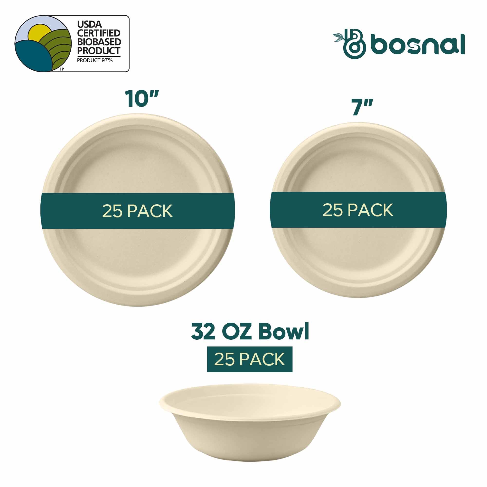 Bosnal – Sugarcane Bagasse Compostable 10 inch & 7 inch Round Plates with 32 Oz Bowls