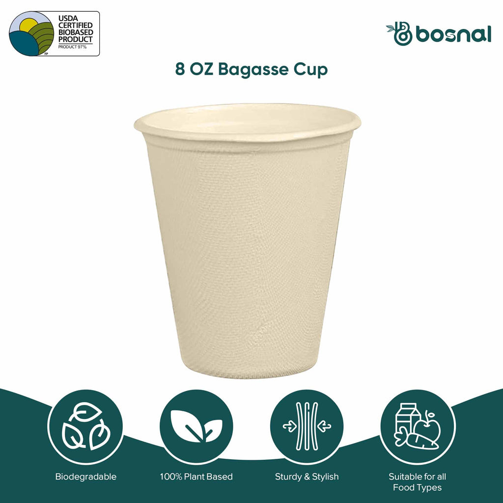 Bosnal - Sugarcane Bagasse Compostable 8 Oz Cups with Lids
