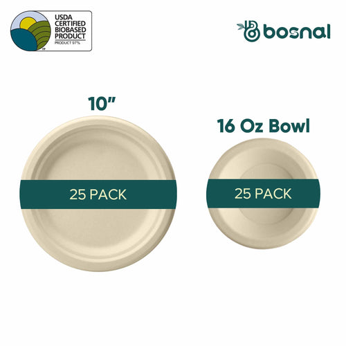 Bosnal - Sugarcane Bagasse Compostable 10 inch Round Plates with 16 Oz Bowls