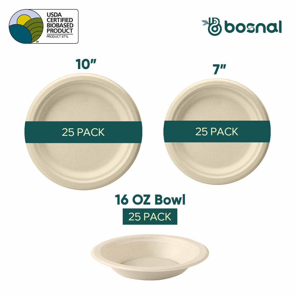Bosnal – Sugarcane Bagasse Compostable 10 inch & 7 inch Round Plates with 16 Oz Bowls