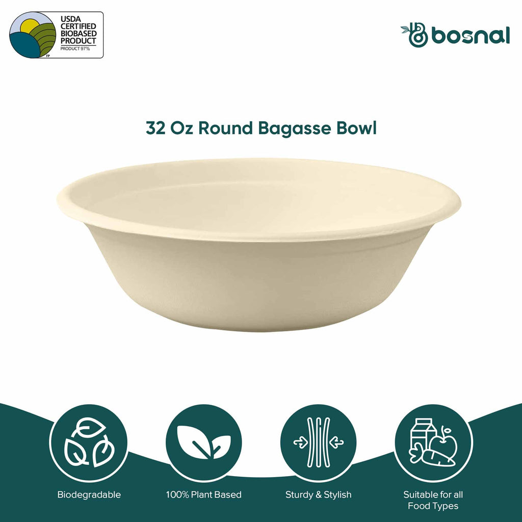 Bosnal - Sugarcane Bagasse Compostable Bowls, 32 Oz, Round
