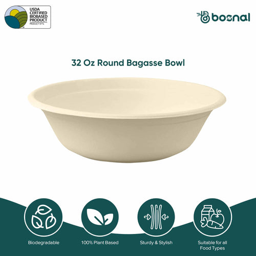 Bosnal - Sugarcane Bagasse Compostable Bowls, 32 Oz, Round