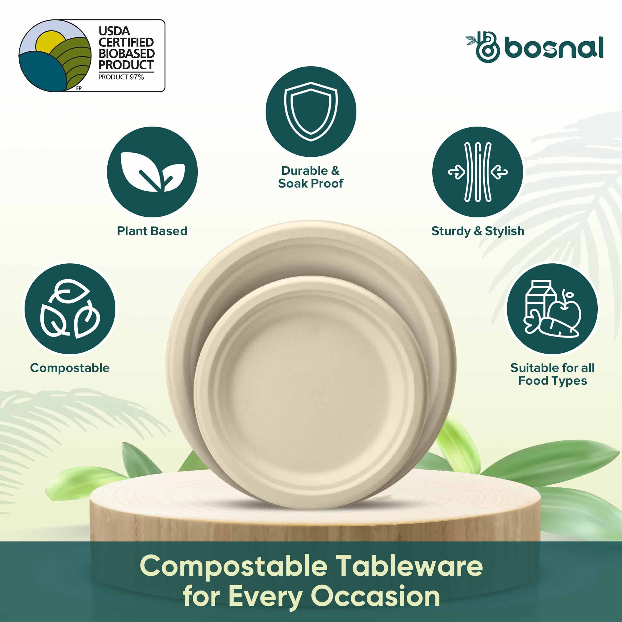 Bosnal – Sugarcane Bagasse Compostable 10 inch and 7 inch Round Plates