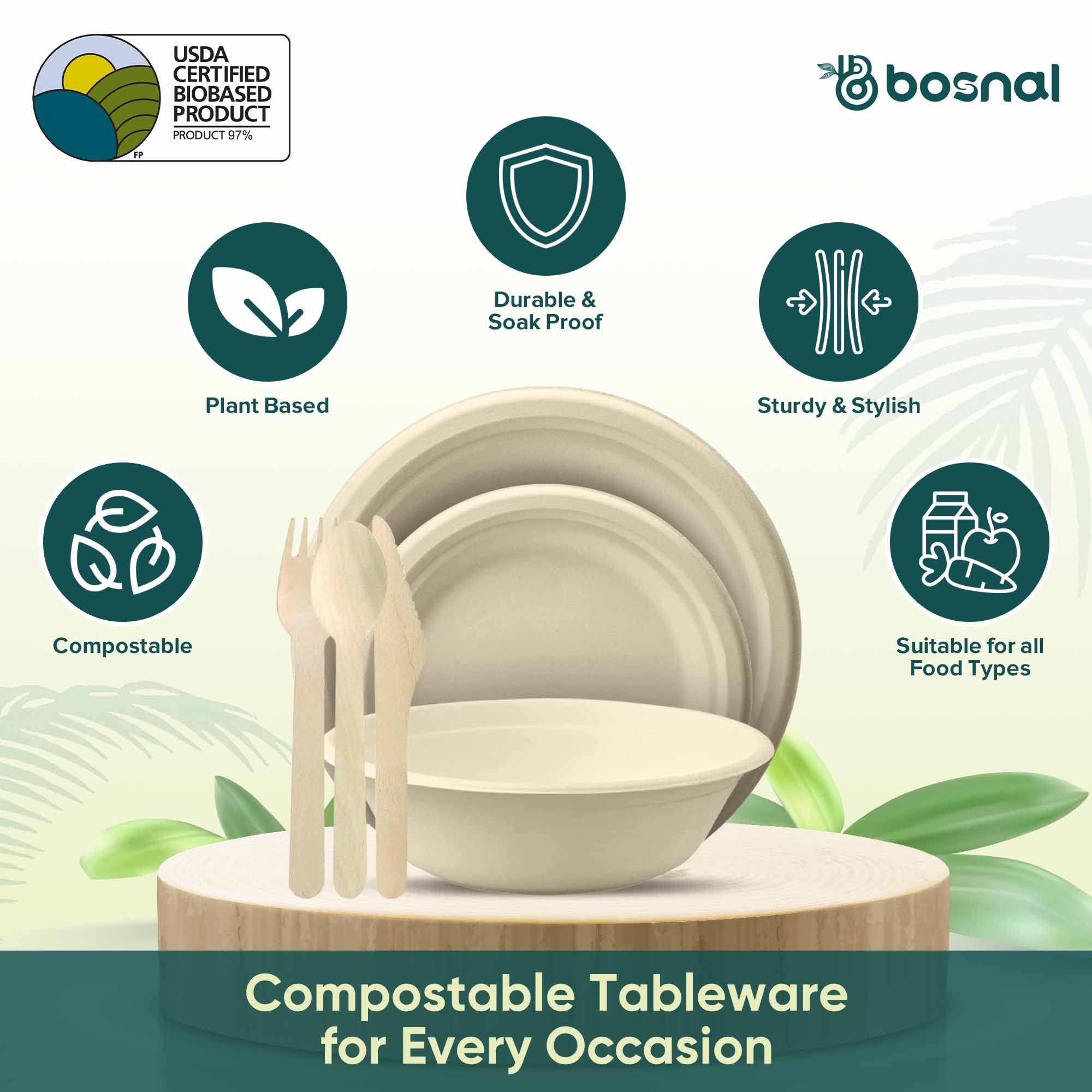 Bosnal – Sugarcane Bagasse Compostable 10 inch & 7 inch Round Plates, 32 Oz Bowls with Cutlery