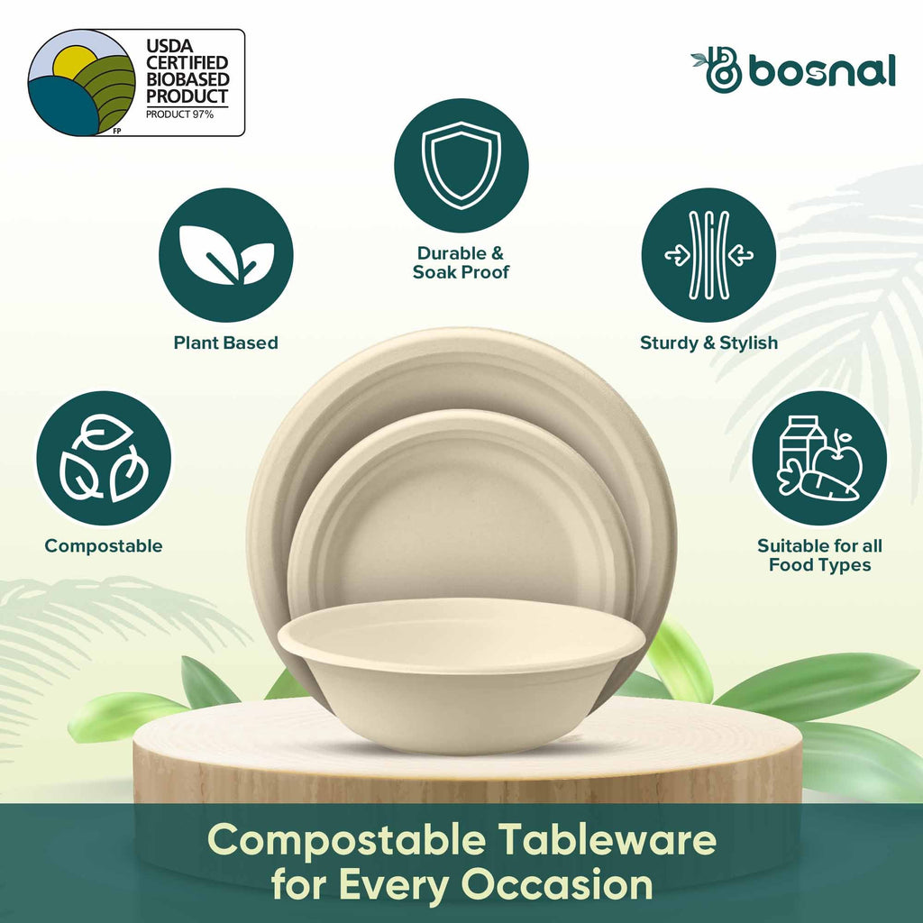 Bosnal – Sugarcane Bagasse Compostable 10 inch & 7 inch Round Plates with 32 Oz Bowls