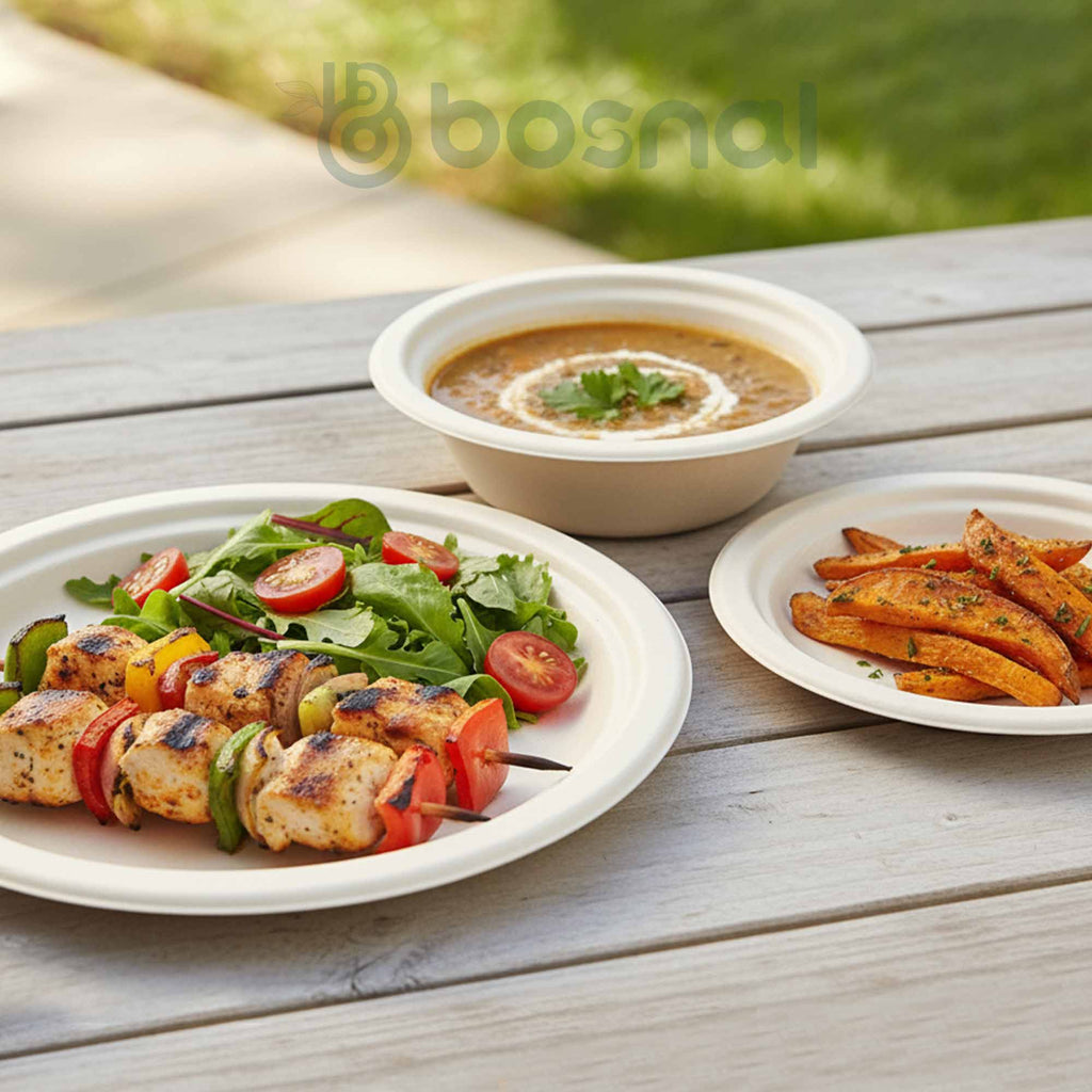 Bosnal – Sugarcane Bagasse Compostable 10 inch & 7 inch Round Plates with 16 Oz Bowls