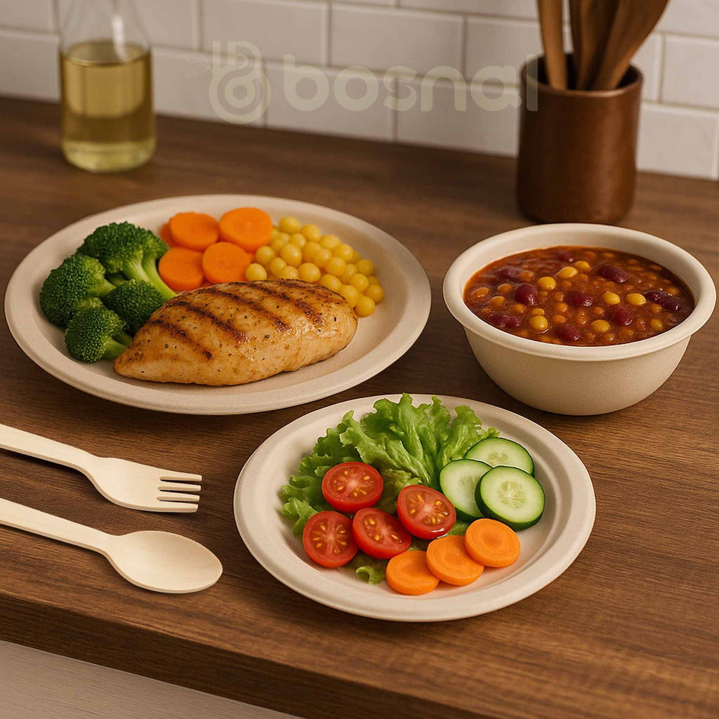 Bosnal – Sugarcane Bagasse Compostable 10 inch & 7 inch Round Plates, 32 Oz Bowls with Cutlery