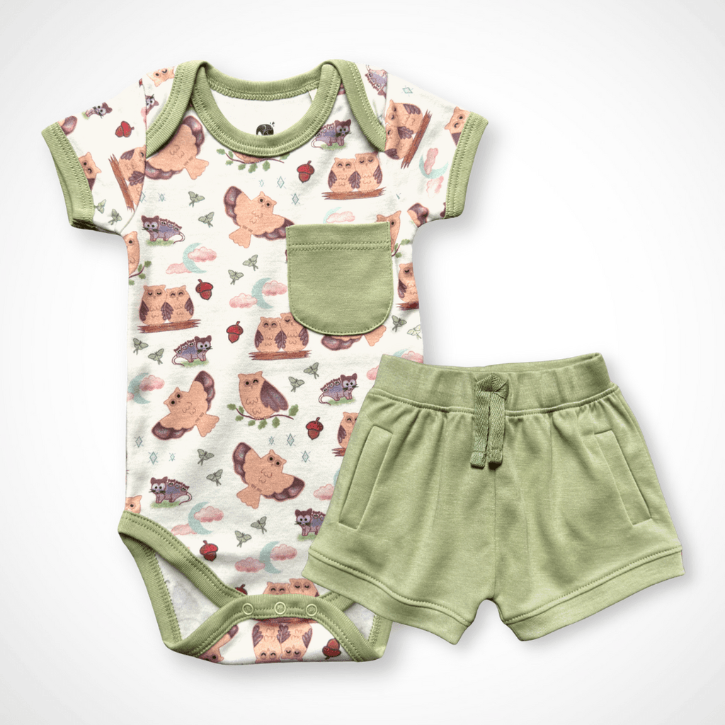 Owl Bodysuit and Shorts | Organic Pima Cotton