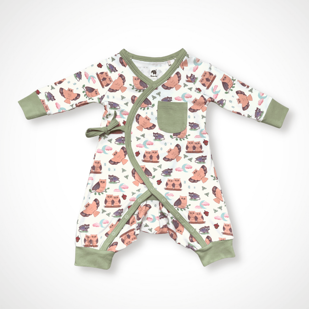 Owl Kimono Long Sleeve Romper | Organic Pima Cotton