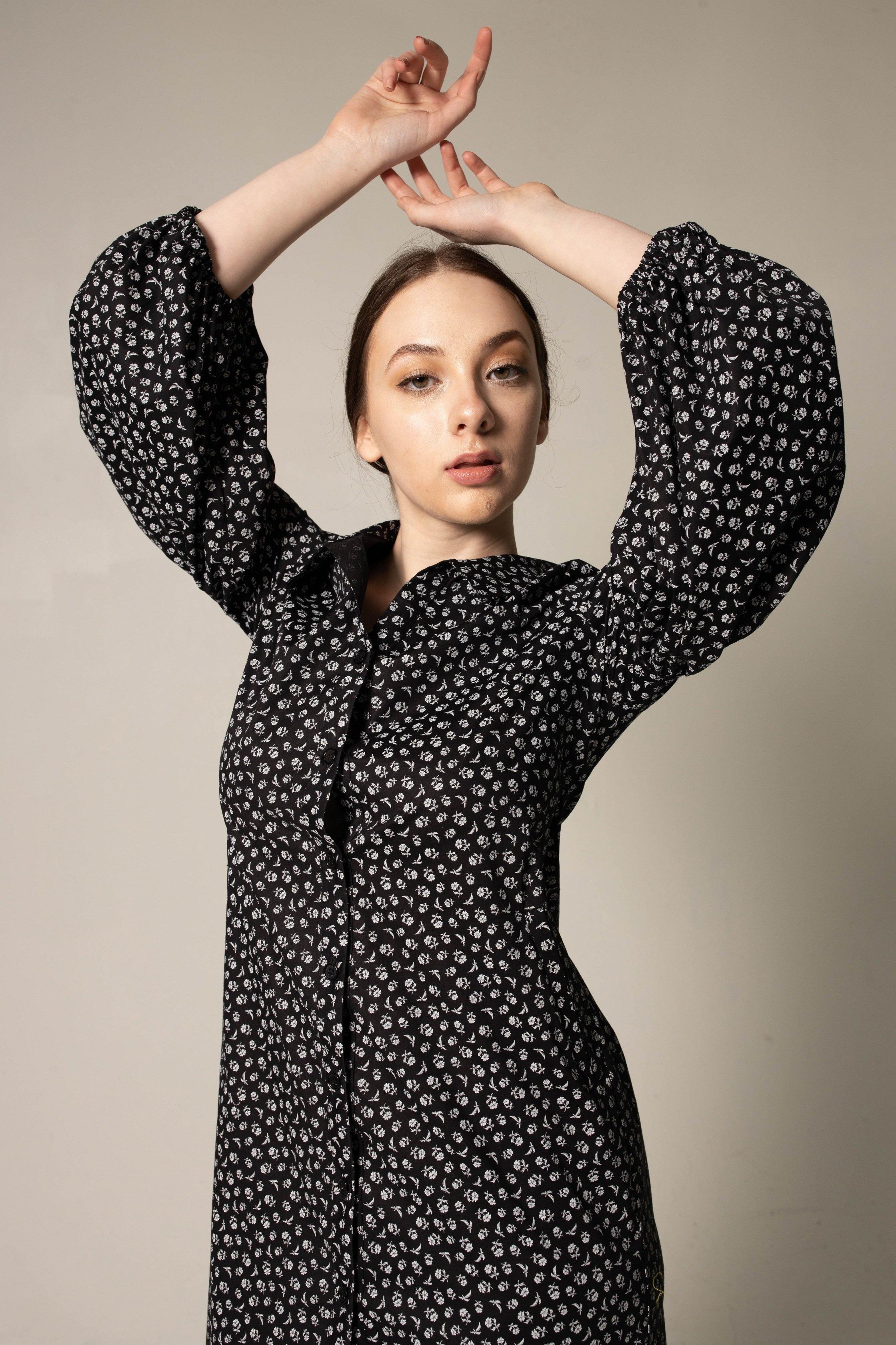 Black Floral Dress in Italian Cotton – Elegant Summer Dress