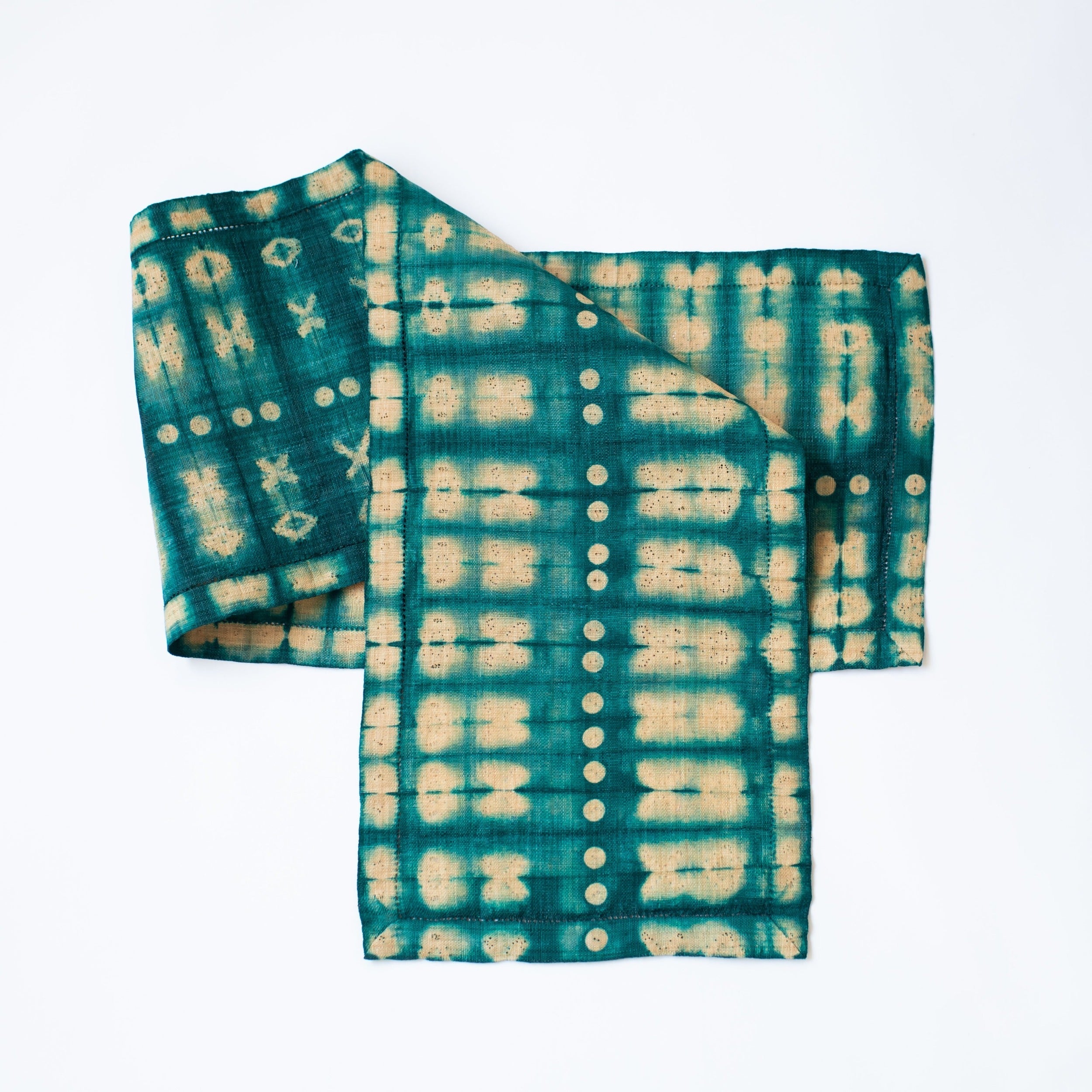 Raffia Shibori Table Runner - Cocoon & Moth Pattern - Emerald