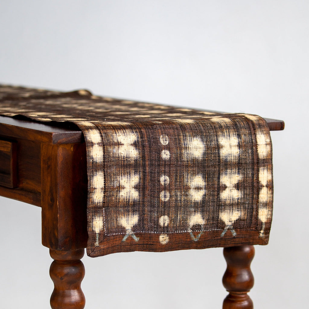 Raffia Shibori Table Runner - Cocoon & Moth Pattern - Brown Black