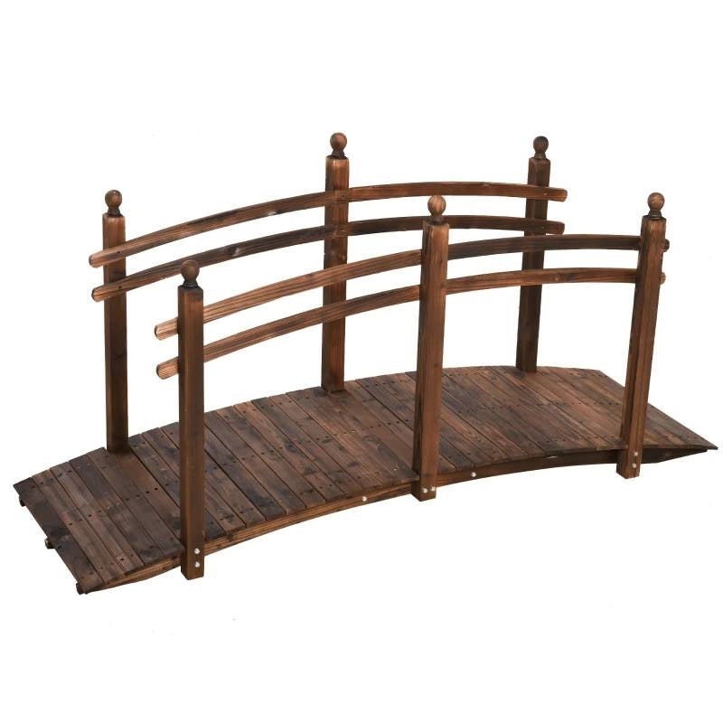 7.5 Ft FIR Wooden Garden Bridge with Hand Rails in Carbonized Wood Finish